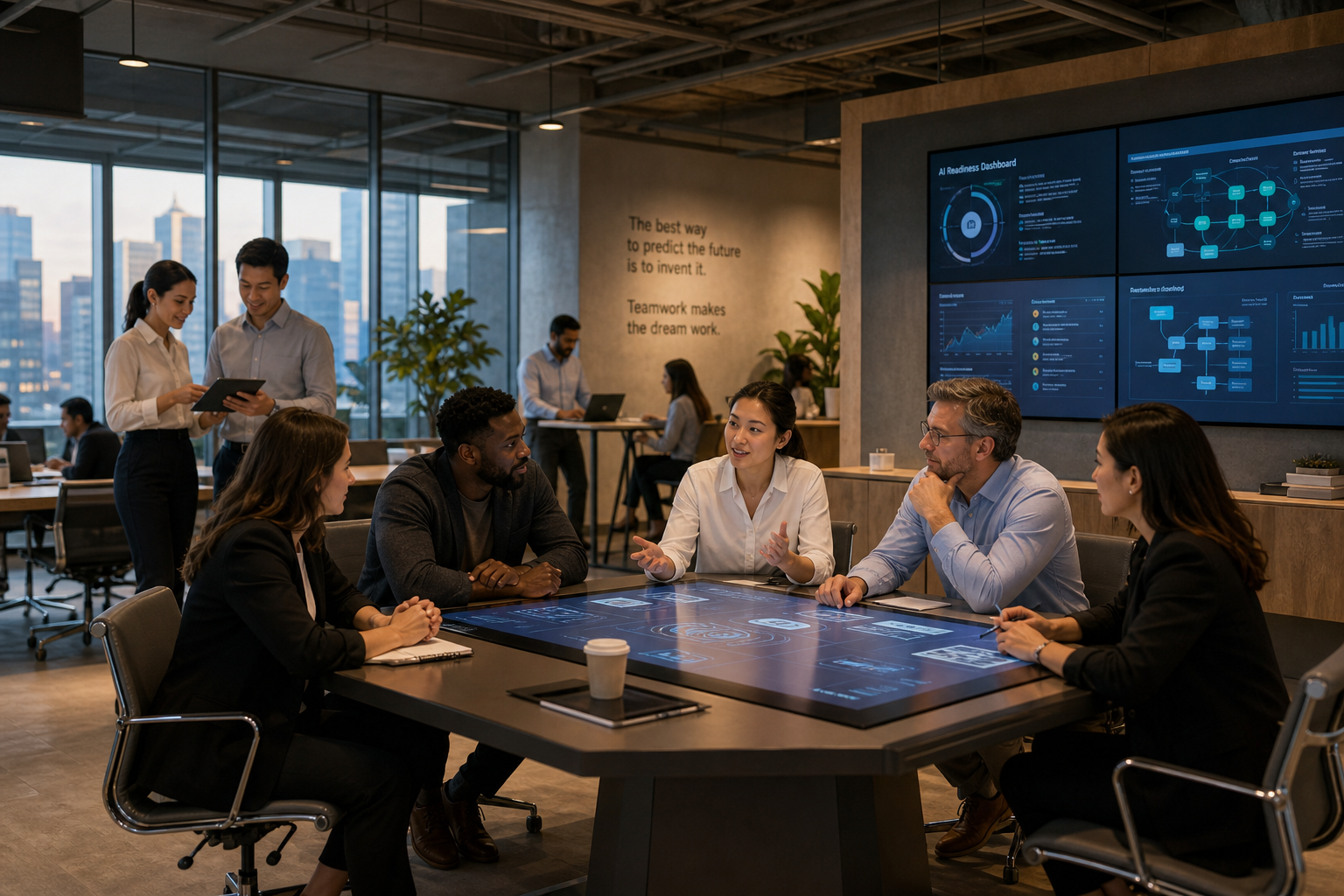 Futuristic Office Team Discussing AI Readiness