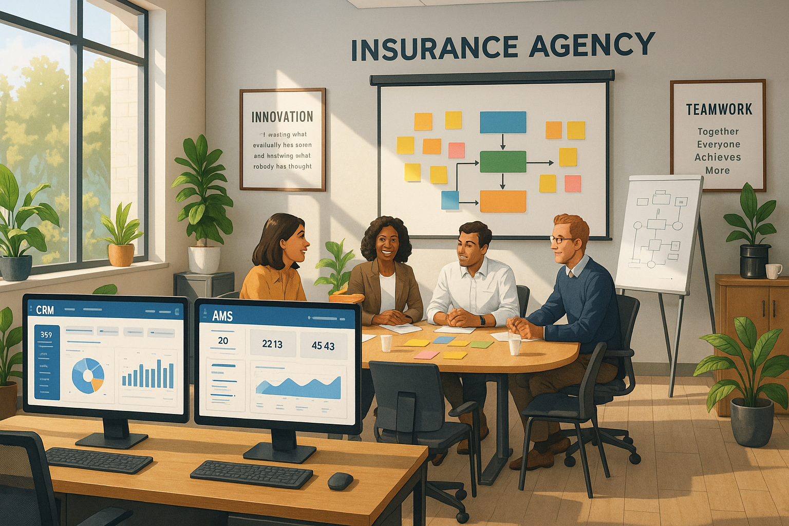The graphic image depicts a modern office space within an insurance agency featuring sleek desks equipped with dual monitors displaying CRM and AMS software dashboards A team of diverse employees is engaged in a collaborative meeting around a large c