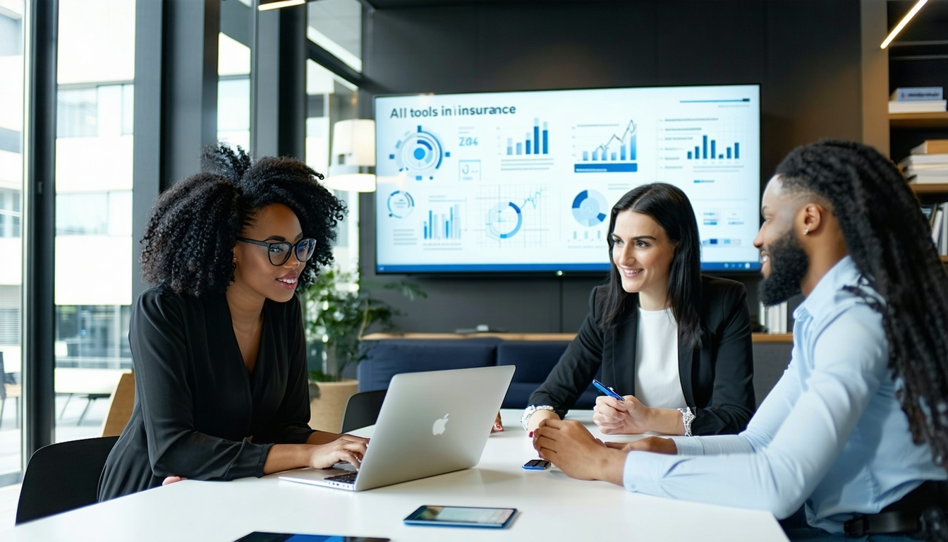 The image depicts a modern office environment bustling with activity In the foreground a diverse group of professionalstwo women and a manare gathered around a sleek conference table engaged in a discussion One woman with curly hair and glasses is an