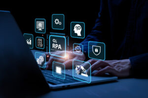 RPA Robotic process automation innovation technology concept Businessman working on laptop using using digital RPA interface Intelligent system automation AI Artificial intelligence