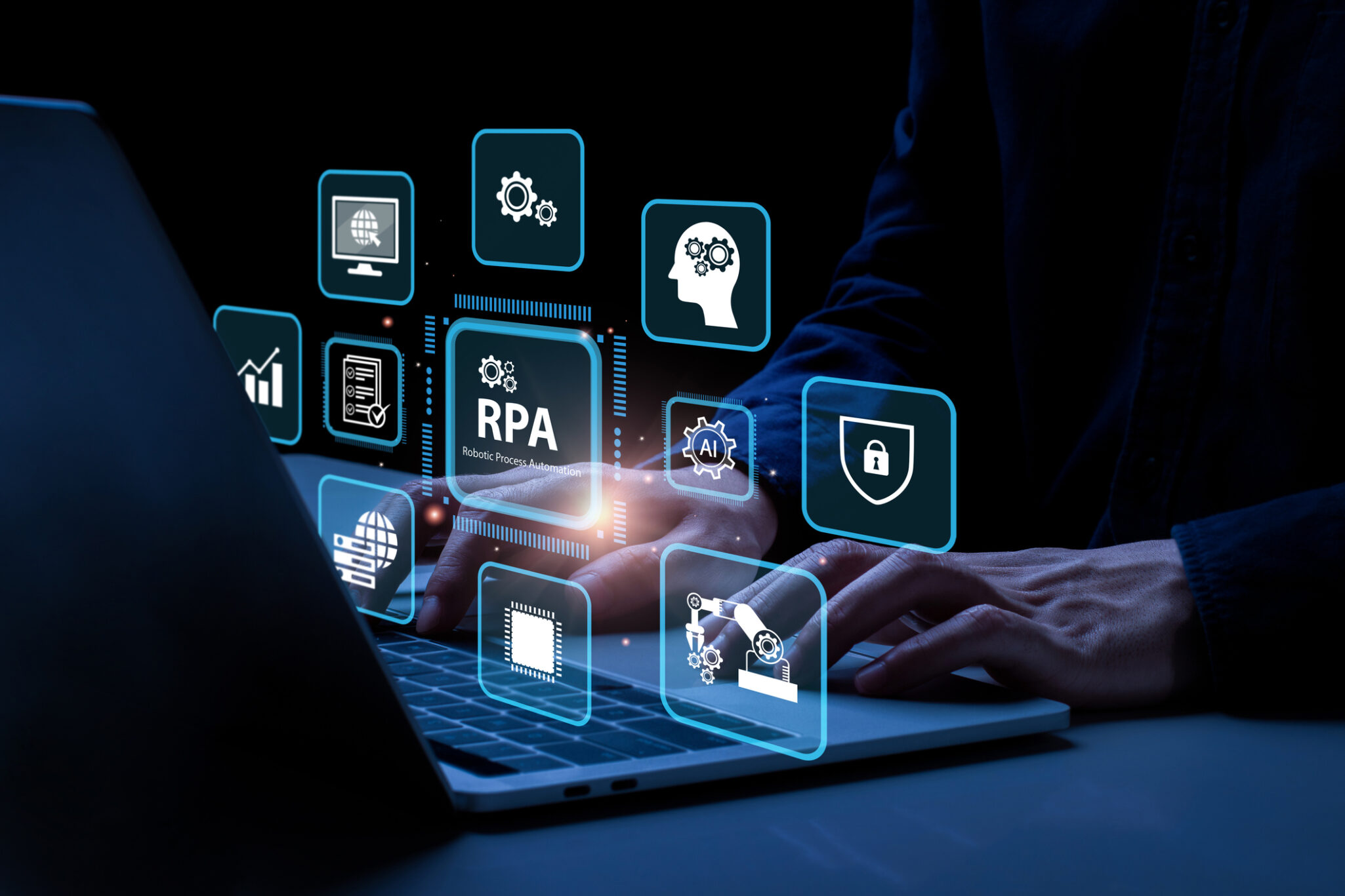 RPA Robotic process automation innovation technology concept Businessman working on laptop using using digital RPA interface Intelligent system automation AI Artificial intelligence